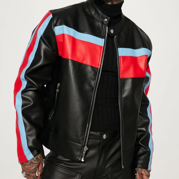 Fashion Nova Racing Faux Leather Jacket - Black/Red Blue - Picture 1 of 11